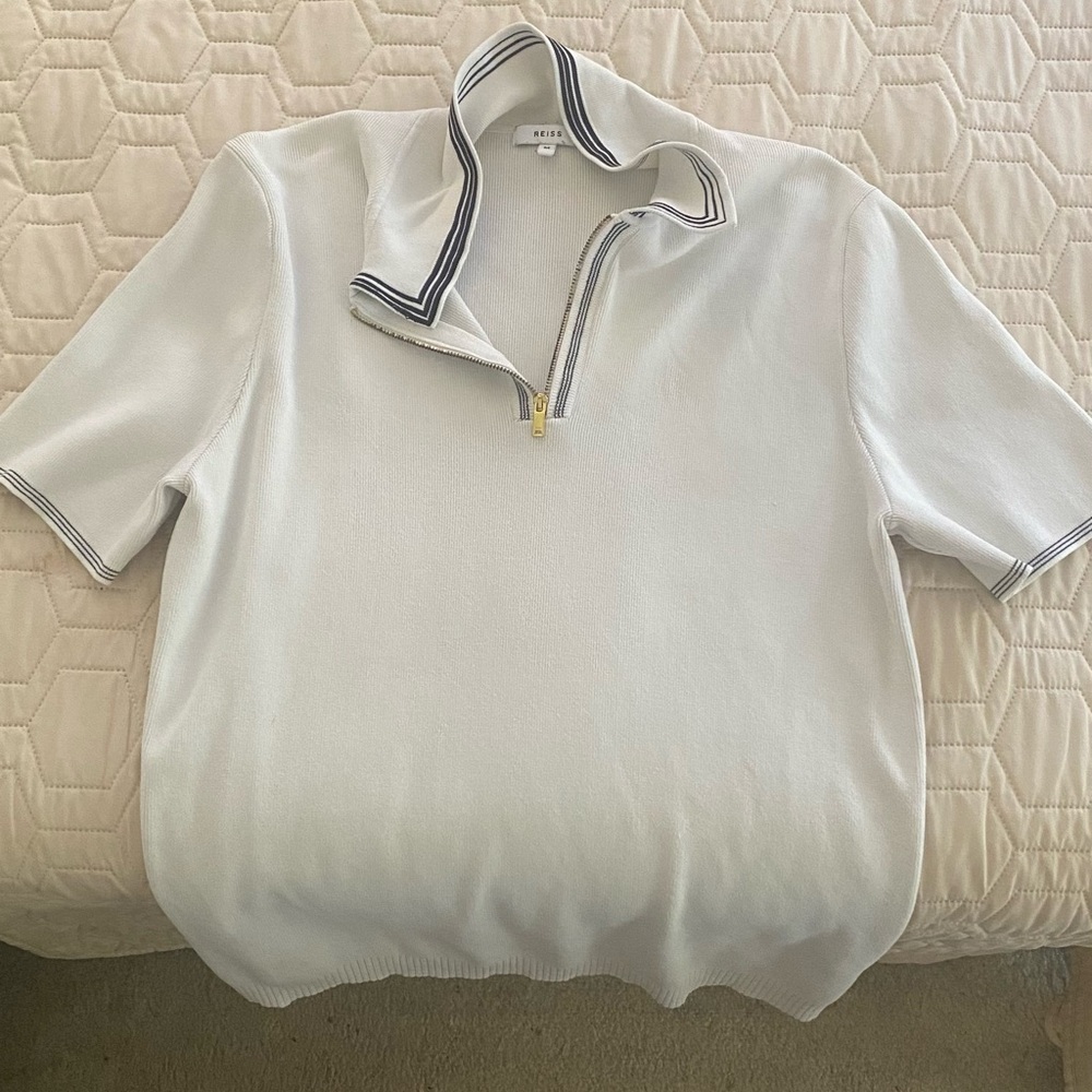 Reiss White Zip Polo Shirt with Striped Collar